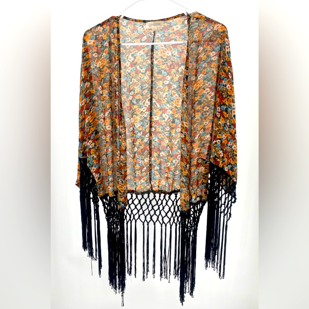 LovelyGirl dolman 1/2 sleeve‎ open kimono, fringe, sheer, size M/L